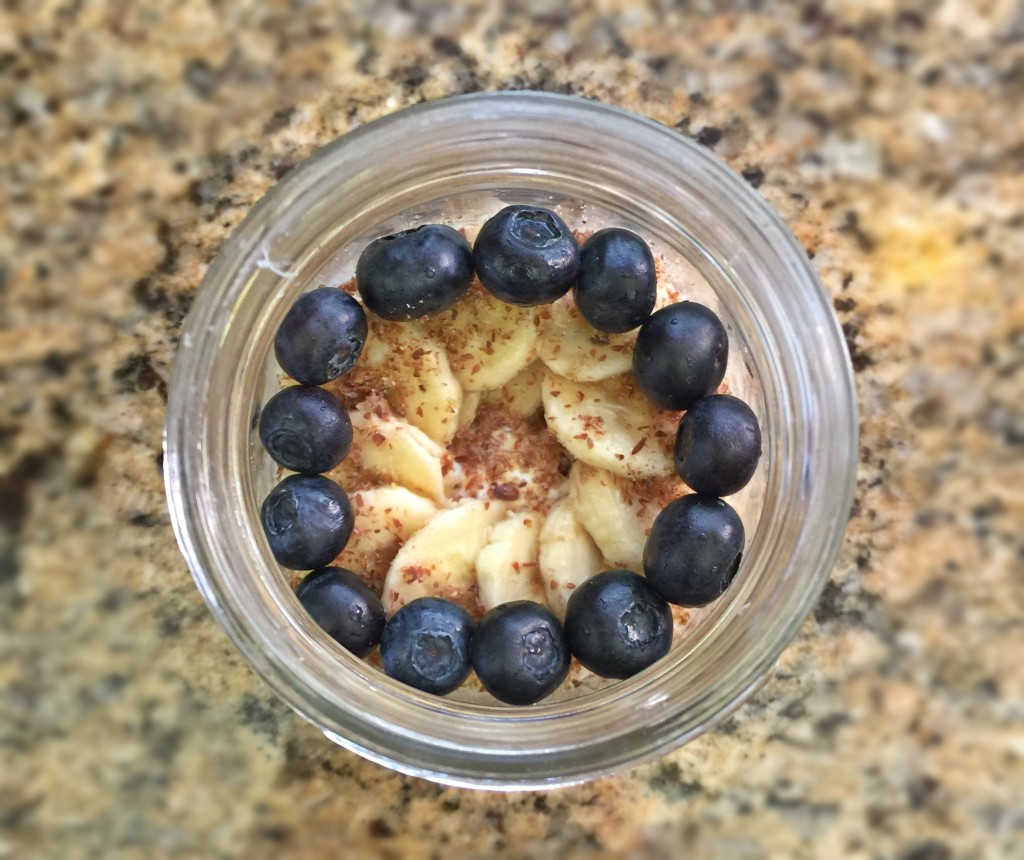 Greek yogurt, glass mason jar, protein, flaxseed, breakfast snack with blueberry banana cinnamon stack