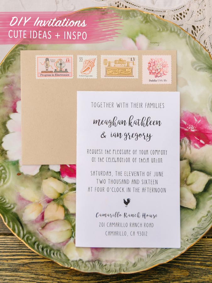 DIY Wedding Invitation Ideas, Rustic Barn Country, Pink Vintage Stamps